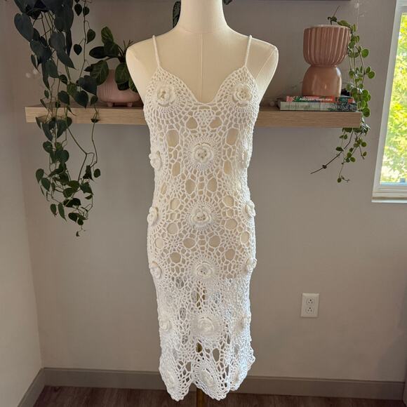 None and/or Unknown Other - White Crochet Flower Midi Dress Open Knit Boho Beach Cover Up Small Y2K Beach